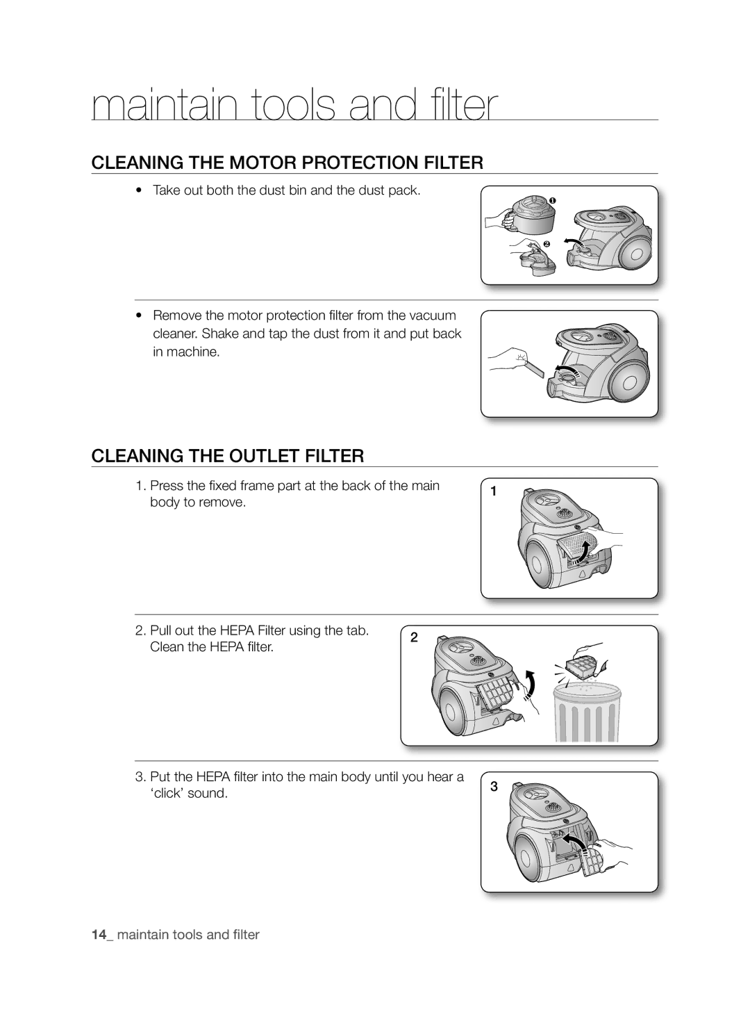 Samsung VCC6780V3R/UMG, VCC6780V3R/BOL, VCC6780V3B/ANU Cleaning the Motor Protection Filter, Cleaning the Outlet Filter 