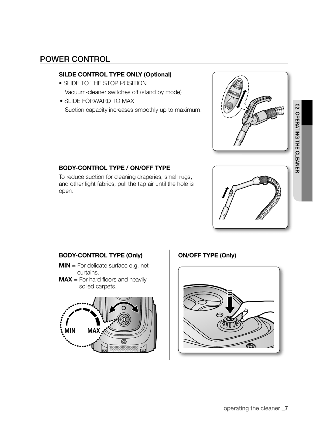 Samsung VCC6780V3R/TWL, VCC6780V3R/BOL, VCC6780V3B/ANU, VCC6780V4R/ATC manual Power Control, Silde Control Type only Optional 