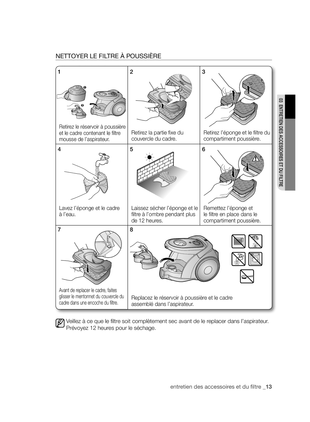 Samsung VCC6780V3B/XEF, VCC6790H3N/XEF, VCC6780V31/XEF manual Nettoyer LE Filtre À Poussière 