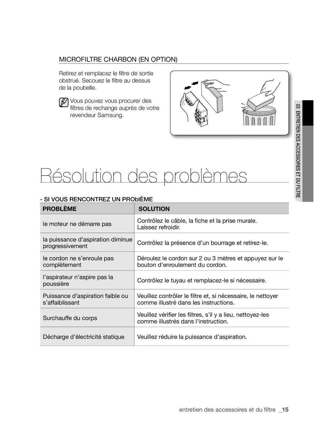 Samsung VCC6790H3N/XEF, VCC6780V3B/XEF, VCC6780V31/XEF manual Résolution des problèmes, Microfiltre Charbon EN Option 