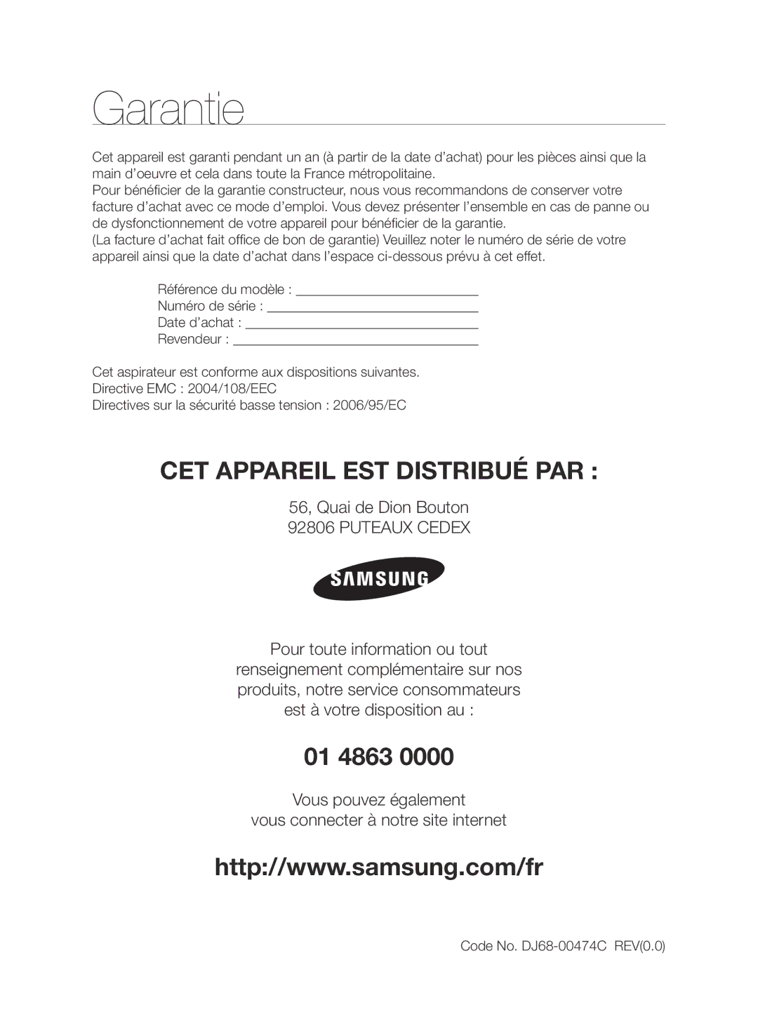 Samsung VCC6780V3B/XEF, VCC6790H3N/XEF, VCC6780V31/XEF manual Garantie, CET Appareil EST Distribué PAR 