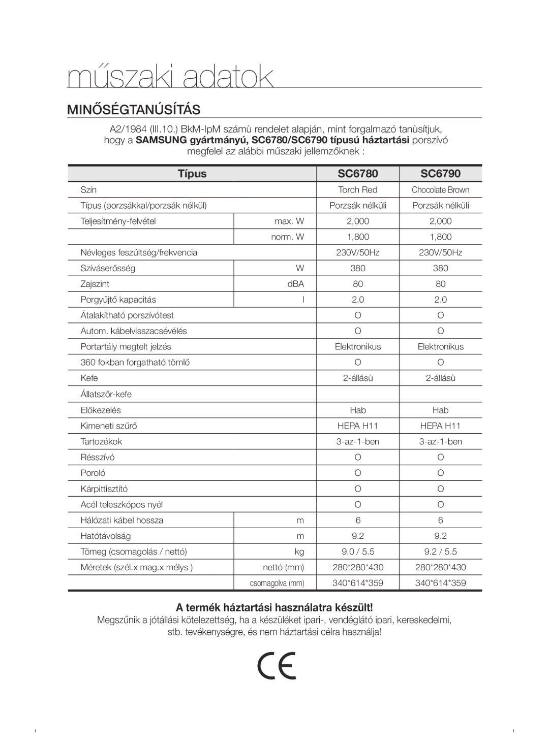 Samsung VCC6780V3R/XEH manual Műszaki adatok, Minőségtanúsítás, Típus SC6780 SC6790, Termék háztartási használatra készült 