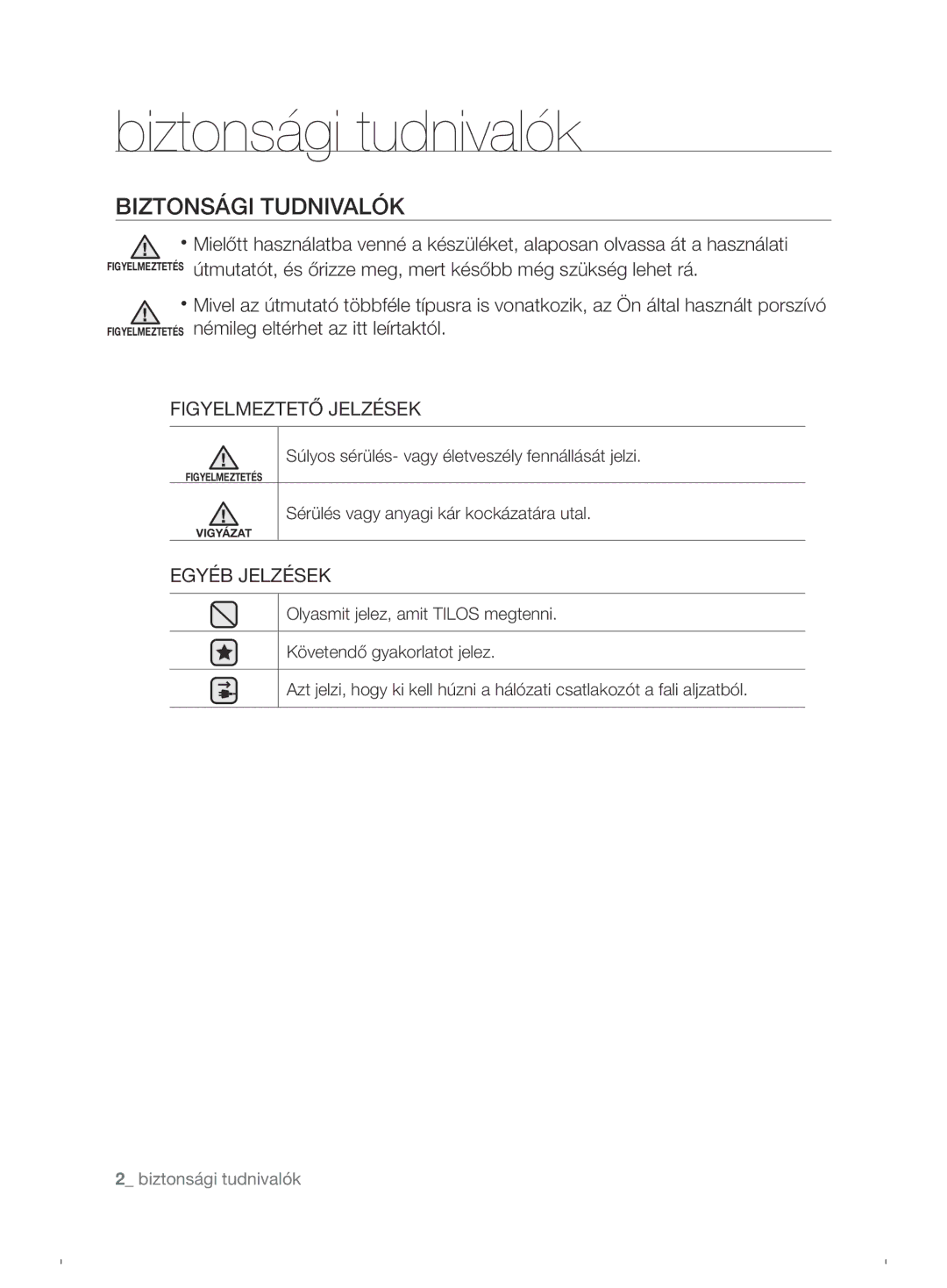 Samsung VCC6780V3R/XEH manual Biztonsági tudnivalók, Biztonsági Tudnivalók, Figyelmeztető Jelzések, Egyéb Jelzések 