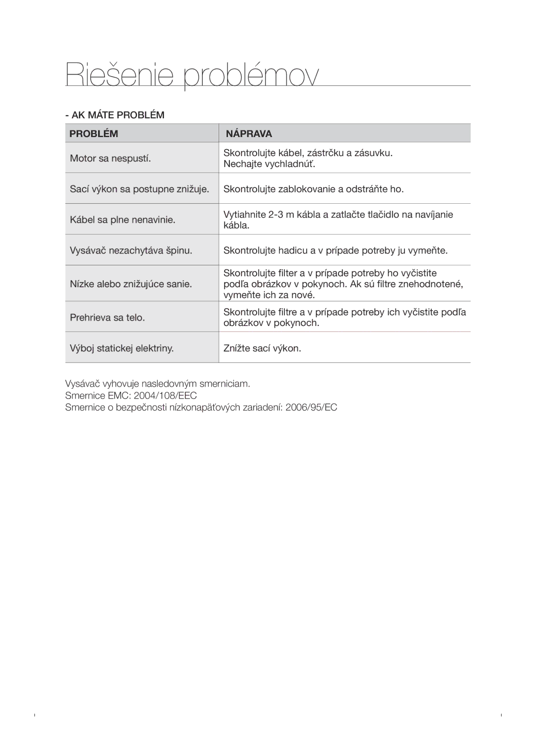 Samsung VCC6780V3R/XEH, VCC6790H3N/XEF, VCC6790H3N/XEH manual Riešenie problémov 