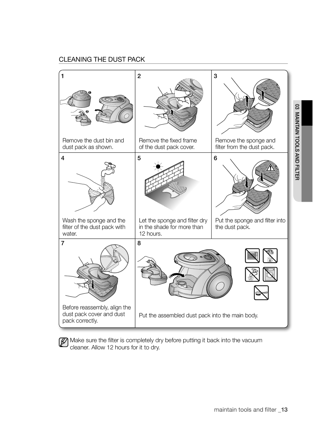 Samsung VCC6780V31/XSB, VCC6790H3R/XSB manual Cleaning the Dust Pack 