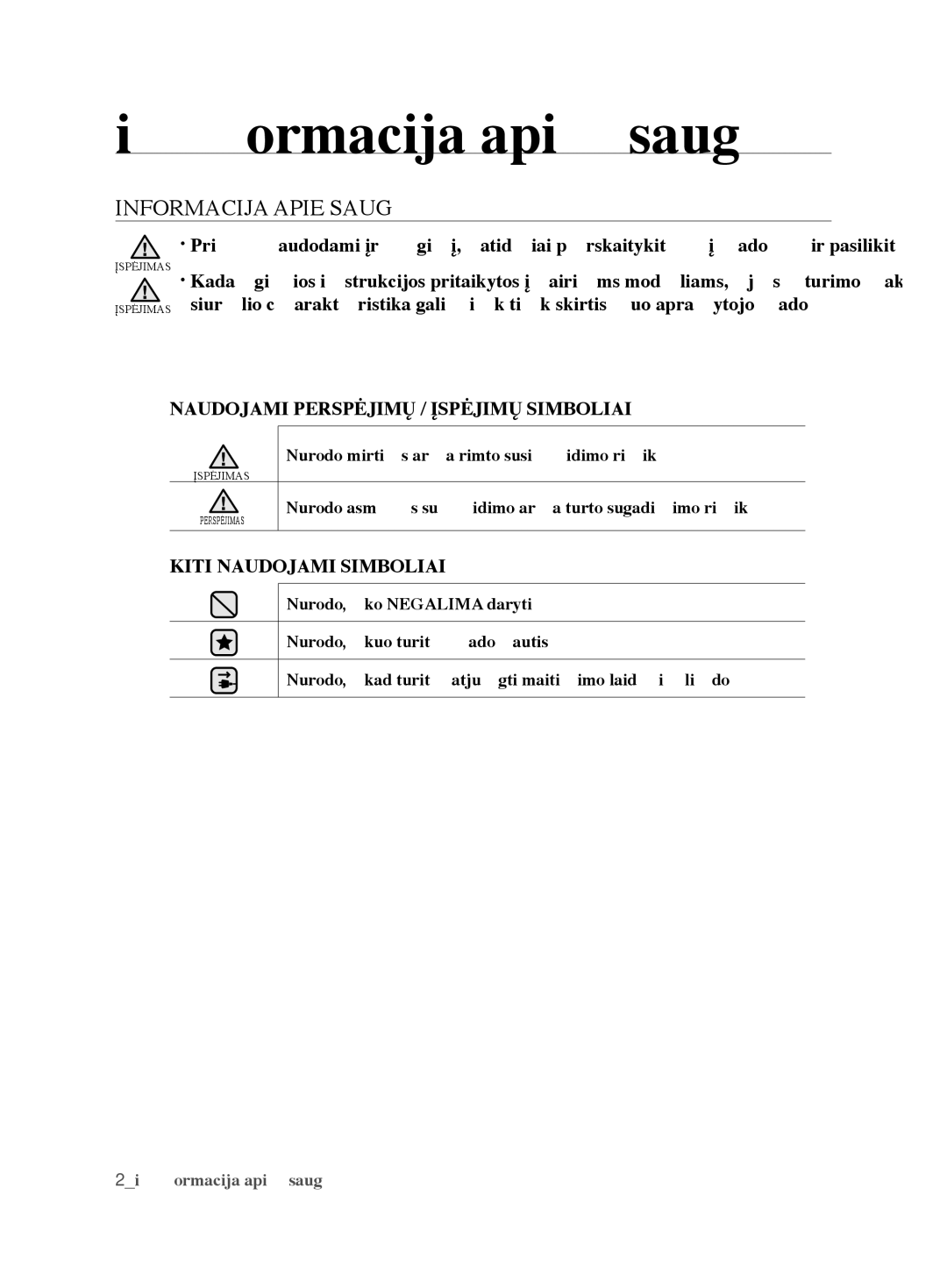 Samsung VCC6790H3R/XSB manual Informacija apie saugą, Informacija Apie Saugą, Naudojami Perspėjimų / Įspėjimų Simboliai 