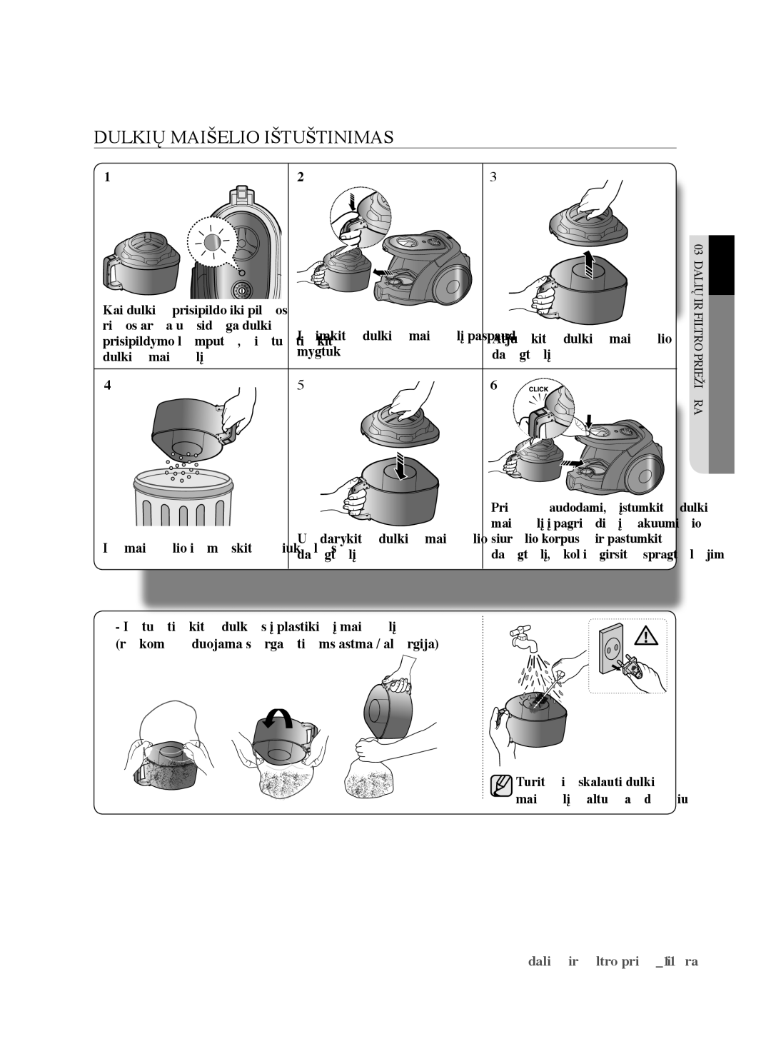 Samsung VCC6780V31/XSB, VCC6790H3R/XSB manual Dulkių maišelio ištuštinimas 