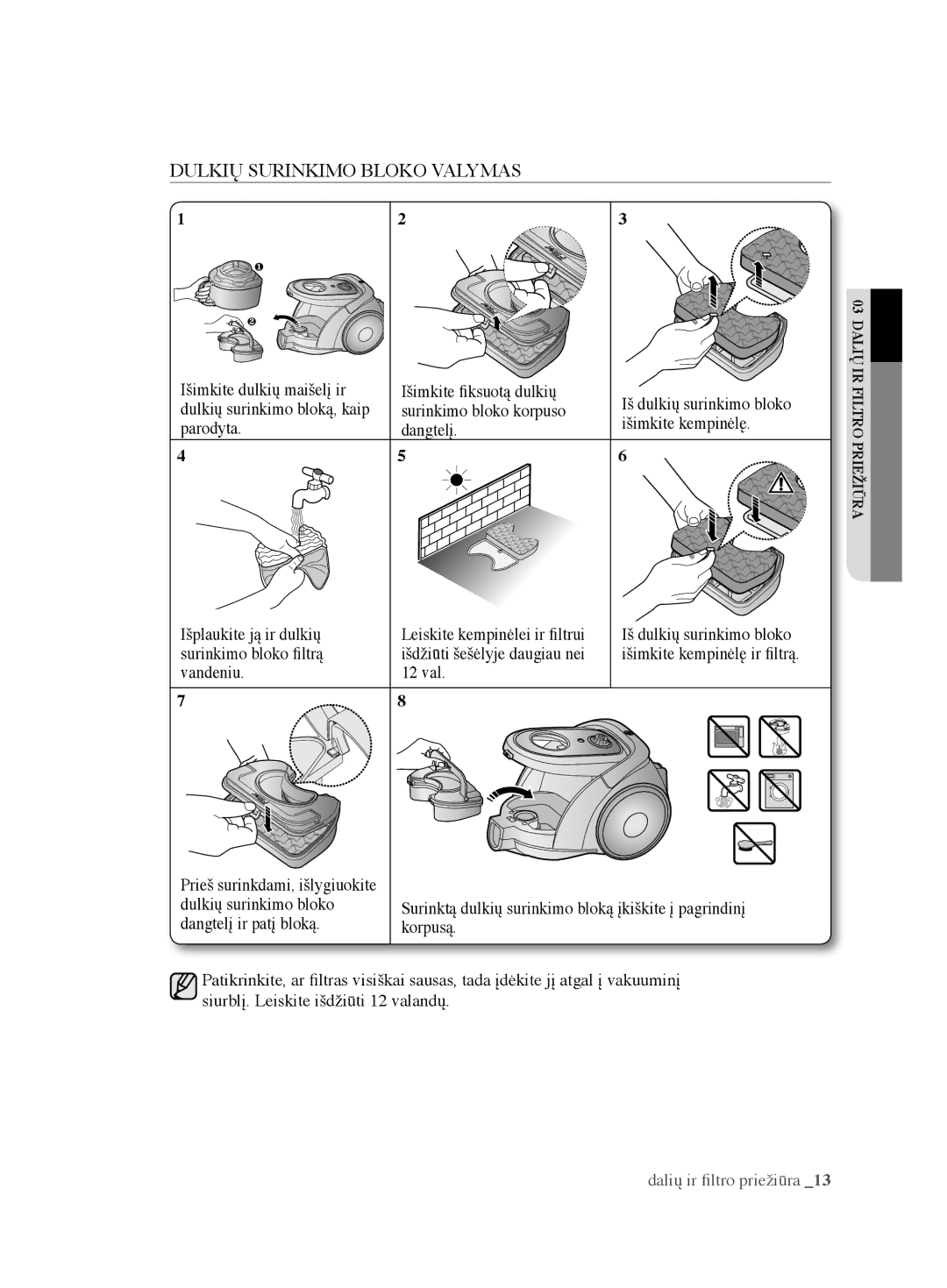 Samsung VCC6780V31/XSB, VCC6790H3R/XSB manual Išimkite dulkių maišelį ir Išimkite fiksuotą dulkių 