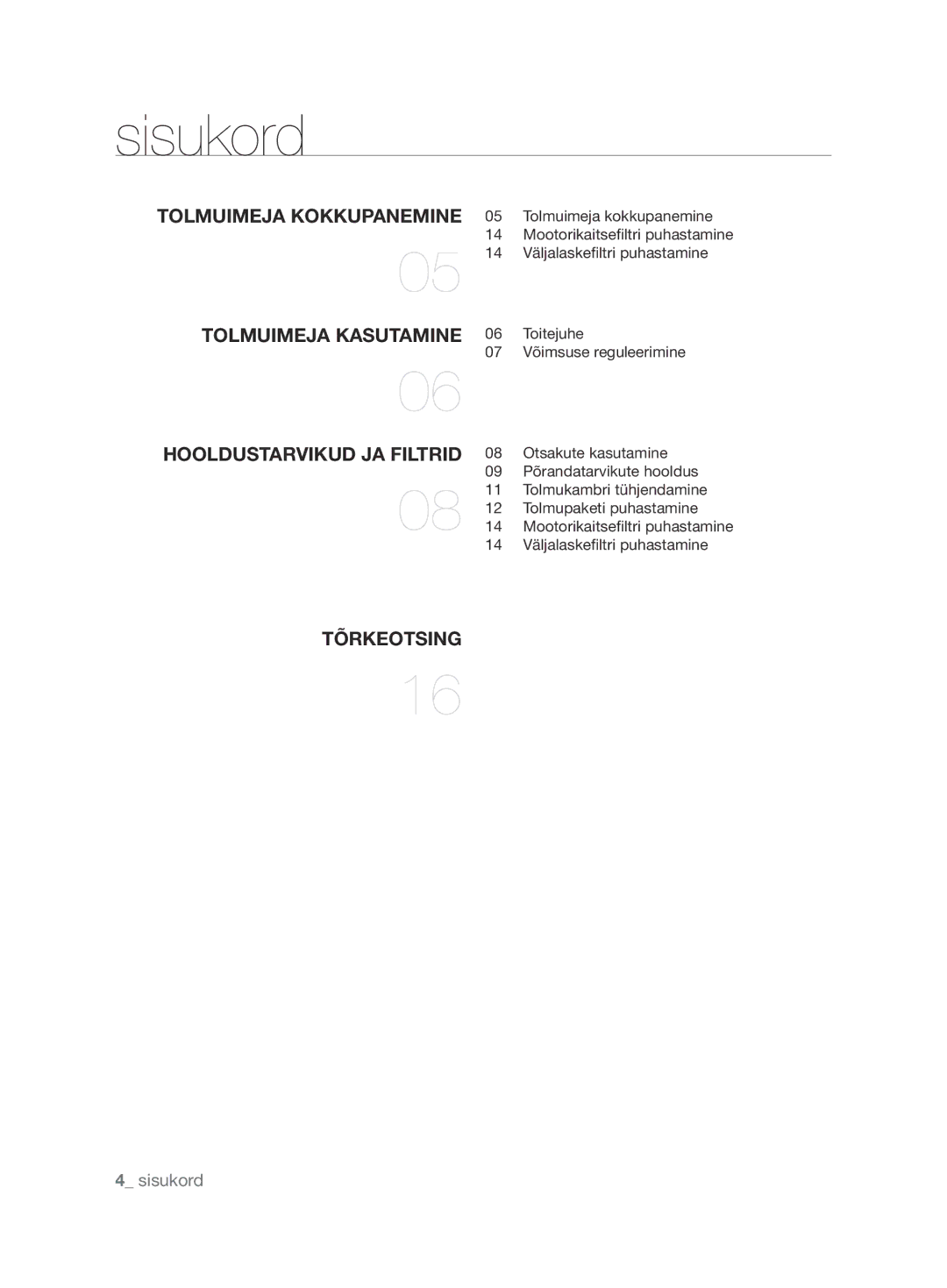 Samsung VCC6790H3R/XSB, VCC6780V31/XSB manual Sisukord, Hooldustarvikud ja filtrid 