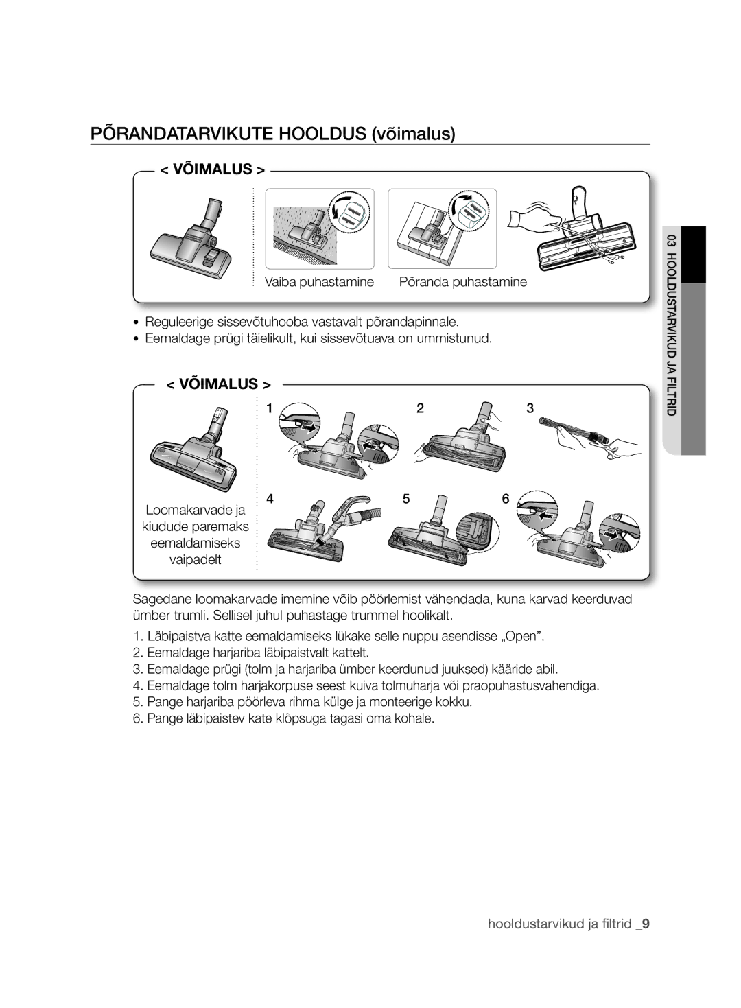 Samsung VCC6780V31/XSB, VCC6790H3R/XSB manual Põrandatarvikute Hooldus võimalus 