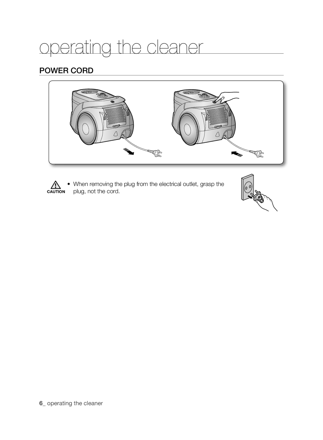 Samsung VCC6790H3R/XSB, VCC6780V31/XSB manual Operating the cleaner, Power Cord 