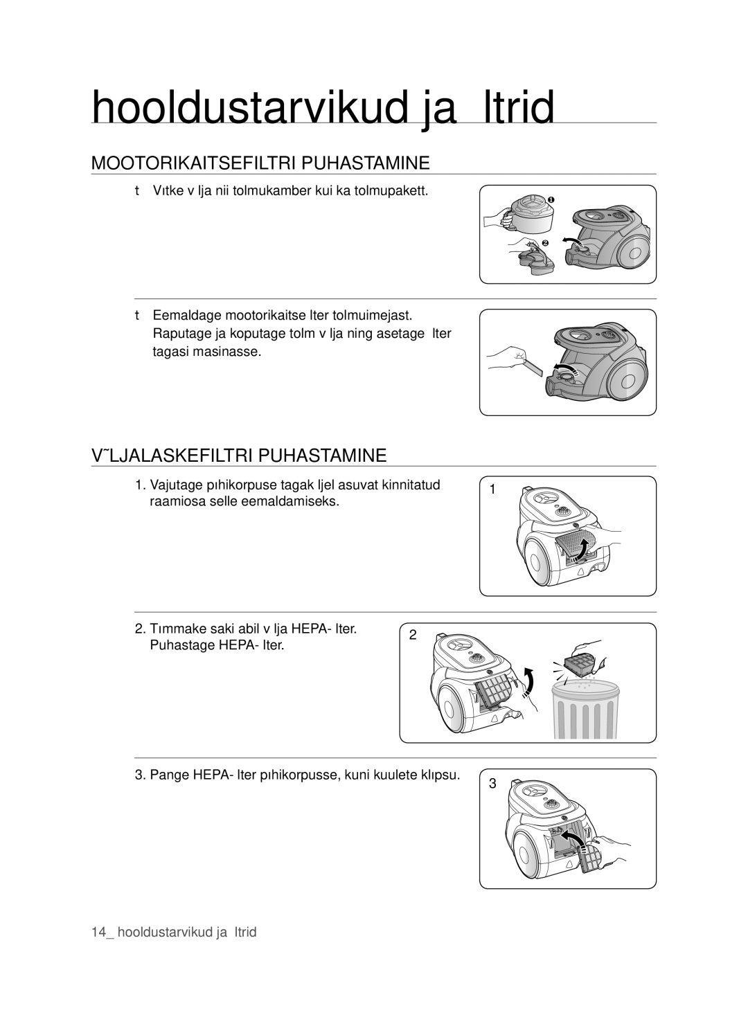 Samsung VCC6790H3R/XSB, VCC6780V31/XSB manual Mootorikaitsefiltri Puhastamine, Väljalaskefiltri Puhastamine 