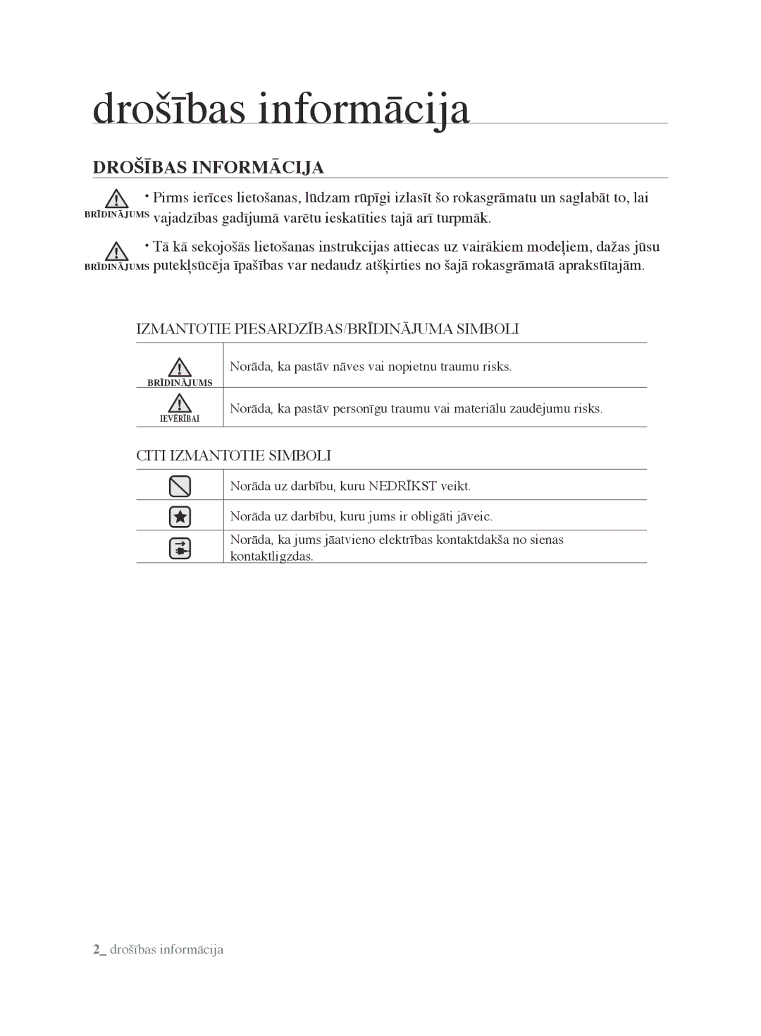 Samsung VCC6790H3R/XSB manual Drošības informācija, Drošības Informācija, Izmantotie PIESARDZĪBAS/BRĪDINĀJUMA Simboli 