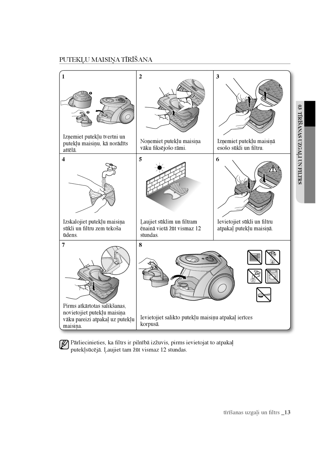 Samsung VCC6780V31/XSB, VCC6790H3R/XSB manual Putekļu Maisiņa Tīrīšana 