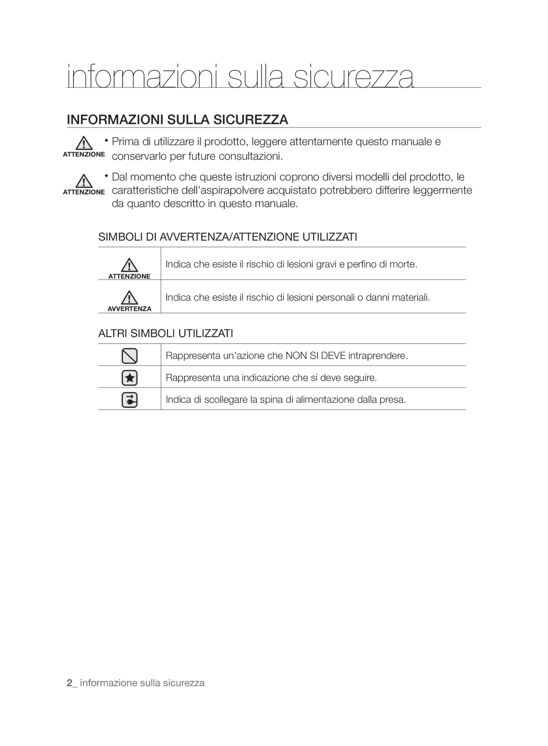 Samsung VCC67G0V31/XET manual Informazioni sulla sicurezza, Informazioni Sulla Sicurezza, Altri Simboli Utilizzati 