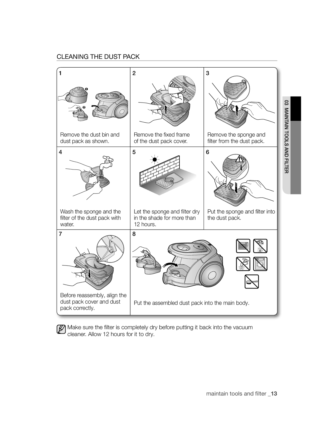 Samsung VCC6890H3N/XSB manual Cleaning the Dust Pack 