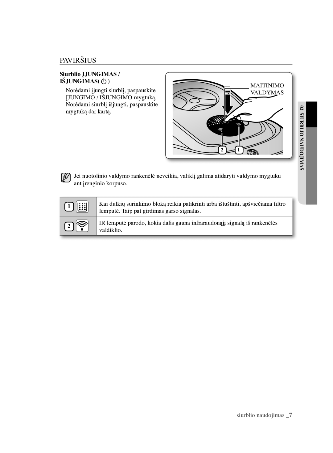 Samsung VCC6890H3N/XSB manual Paviršius, Siurblio Įjungimas, Išjungimas, Maitinimo, Valdymas 