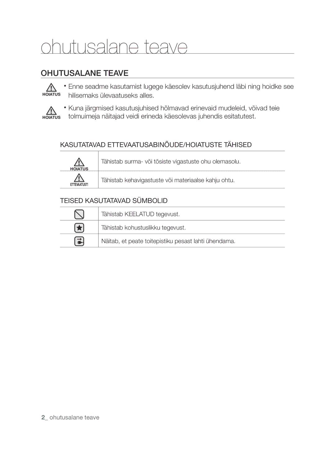 Samsung VCC6890H3N/XSB manual Ohutusalane teave, Ohutusalane Teave, Kasutatavad ETTEVAATUSABINÕUDE/HOIATUSTE Tähised 