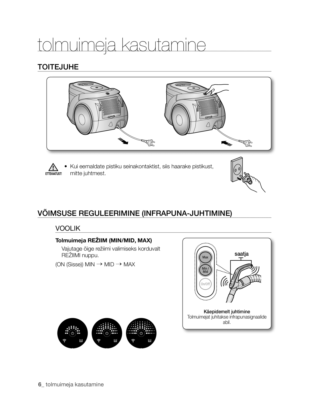 Samsung VCC6890H3N/XSB manual Tolmuimeja kasutamine, Toitejuhe, Võimsuse Reguleerimine INFRAPUNA-JUHTIMINE, Voolik 