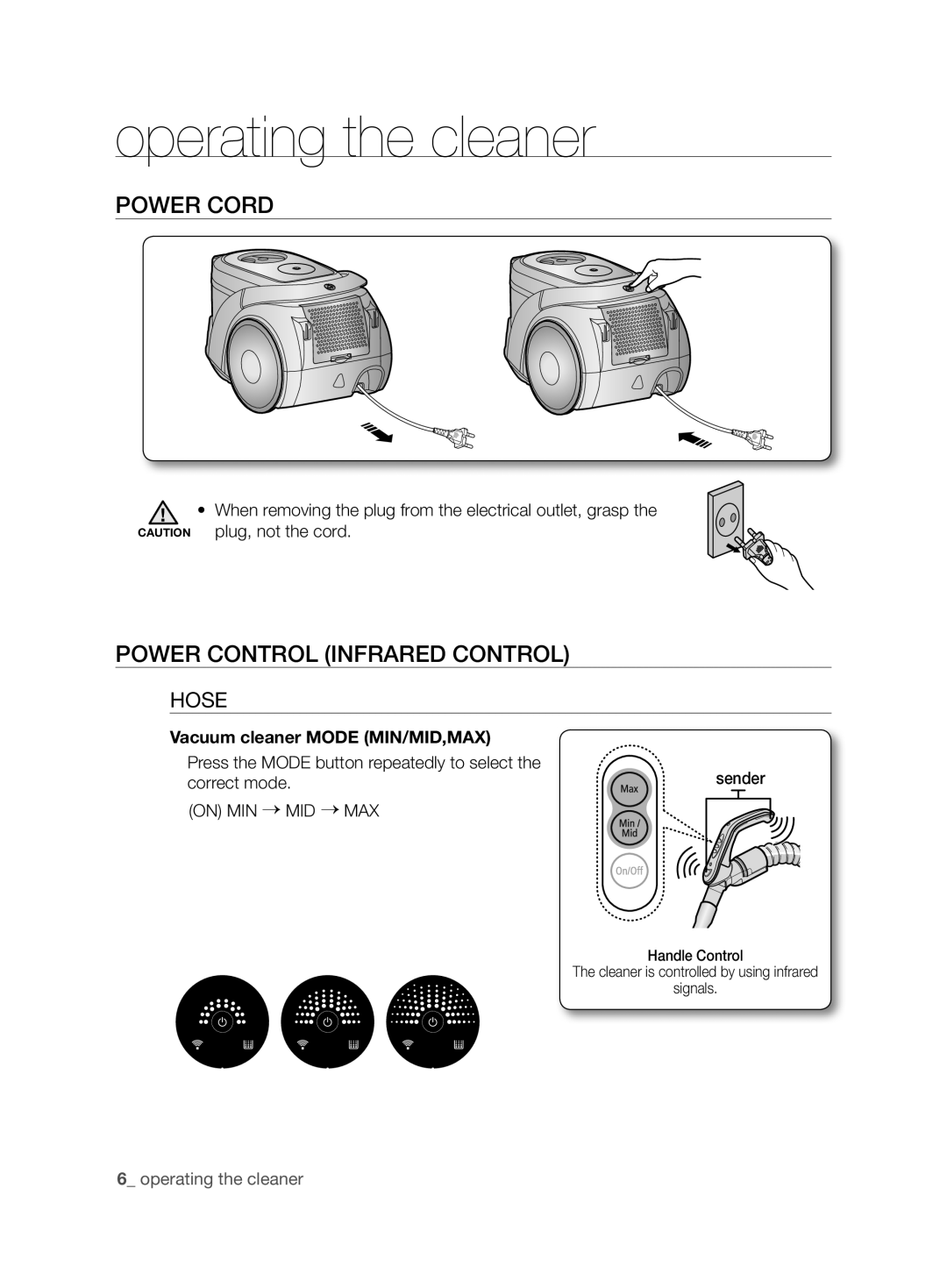 Samsung VCC6890H3N/XSB manual Operating the cleaner, Power Cord, Power Control Infrared Control, Hose 