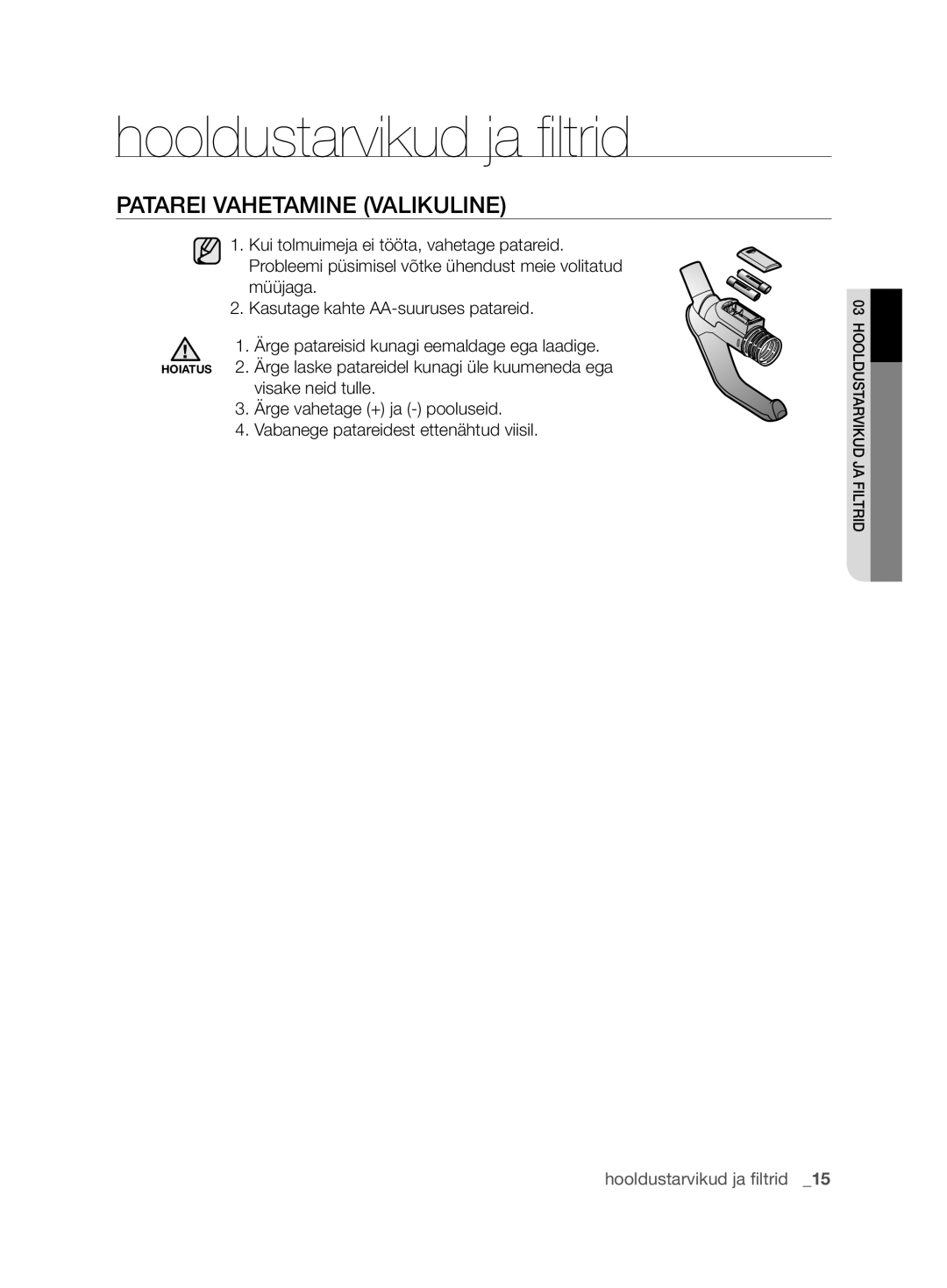 Samsung VCC6890H3N/XSB manual Patarei vahetamine valikuline 