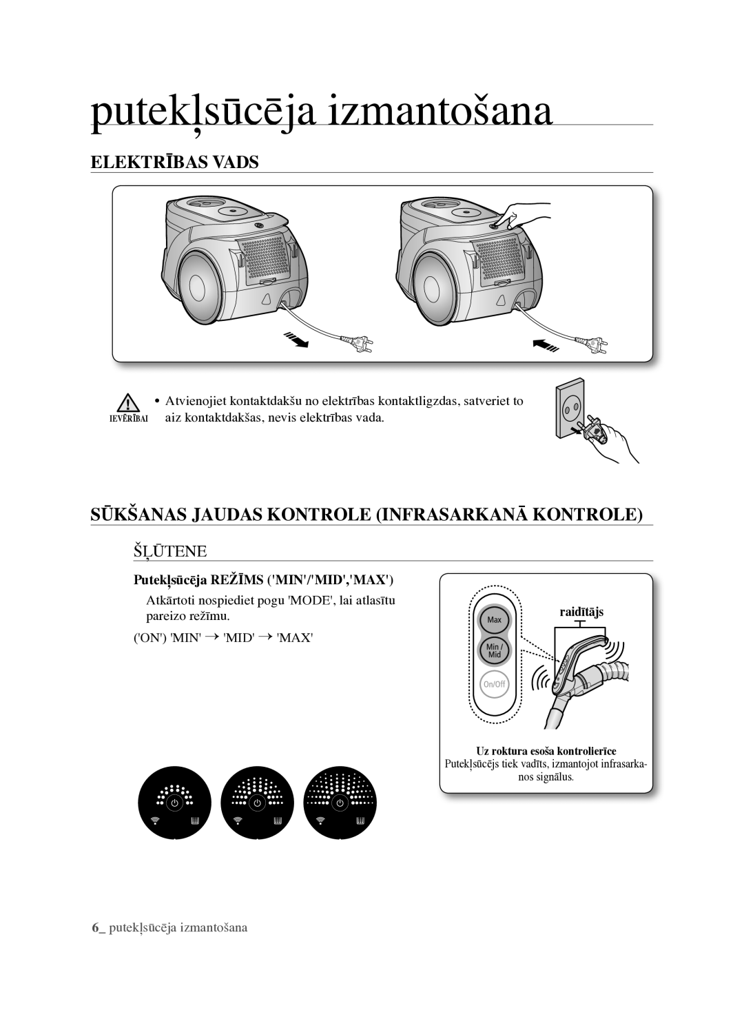 Samsung VCC6890H3N/XSB Putekļsūcēja izmantošana, Elektrības Vads, Sūkšanas Jaudas Kontrole Infrasarkanā Kontrole, Šļūtene 