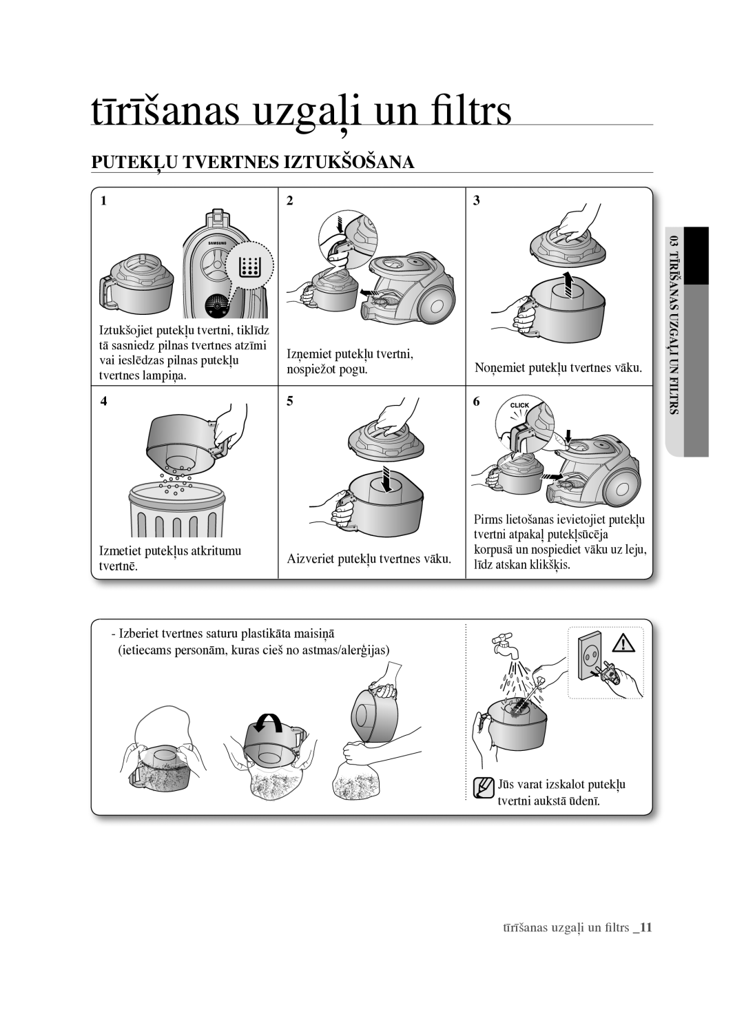 Samsung VCC6890H3N/XSB manual Putekļu tvertnes iztukšošana 