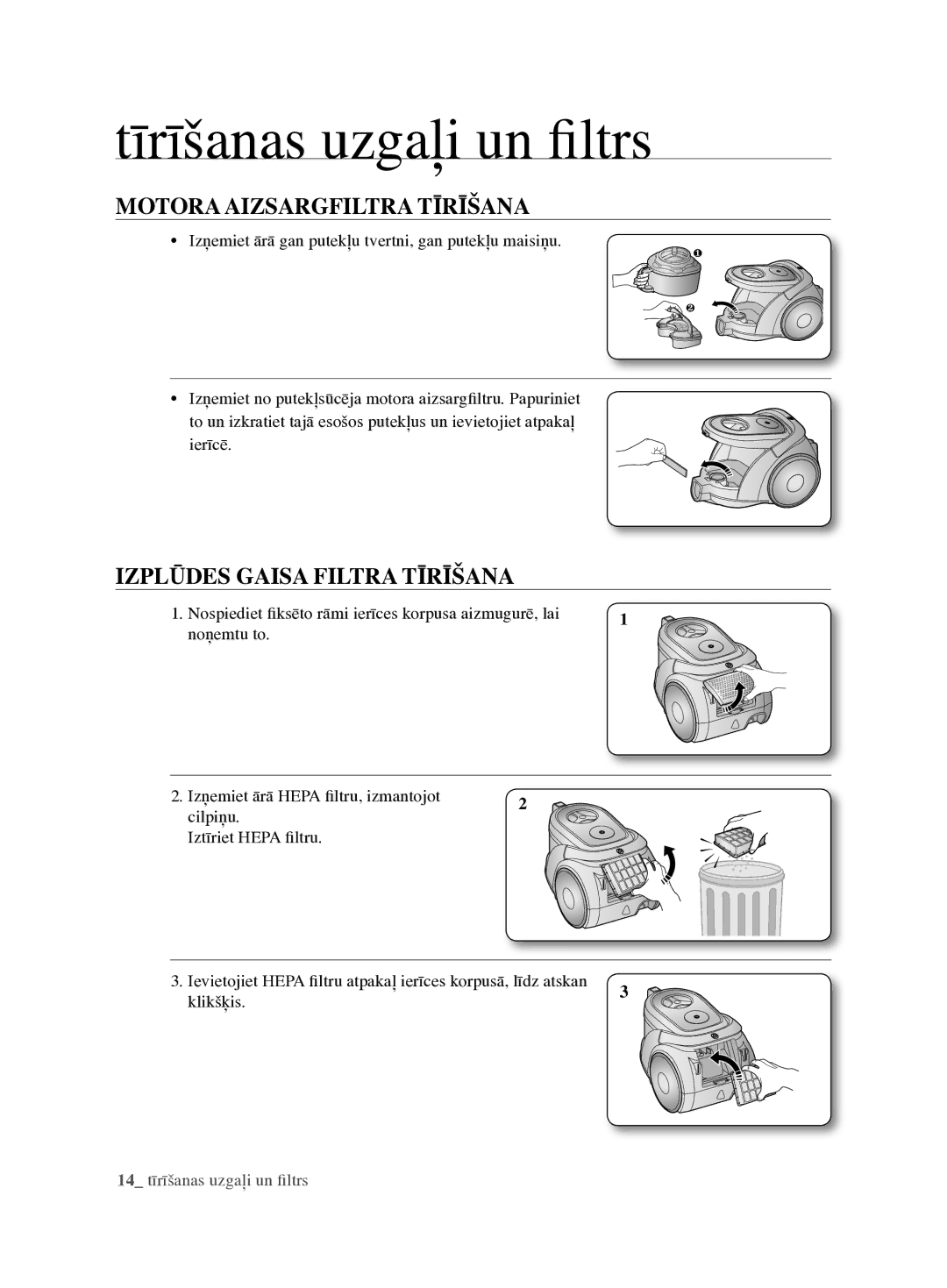 Samsung VCC6890H3N/XSB manual Motora Aizsargfiltra Tīrīšana, Izplūdes Gaisa Filtra Tīrīšana 