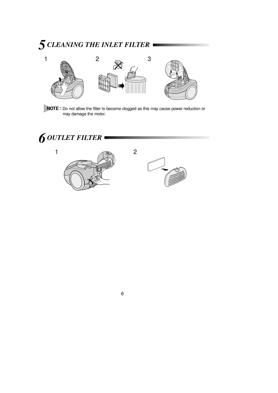 Samsung VCC6950H3R/XEV, VCC6950H3R/SBW, VCC6940H3S/SBW, VCC6940H3S/XEV manual Cleaning the Inlet Filter, Outlet Filter 