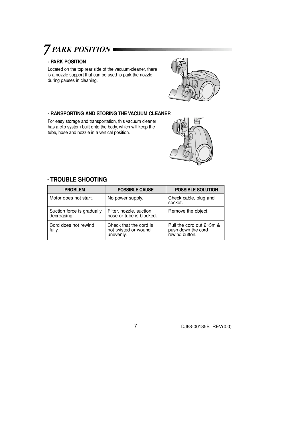 Samsung VCC6950H3R/SBW, VCC6940H3S/SBW, VCC6940H3S/XEV, VCC6950H3R/XEV manual Park Position 