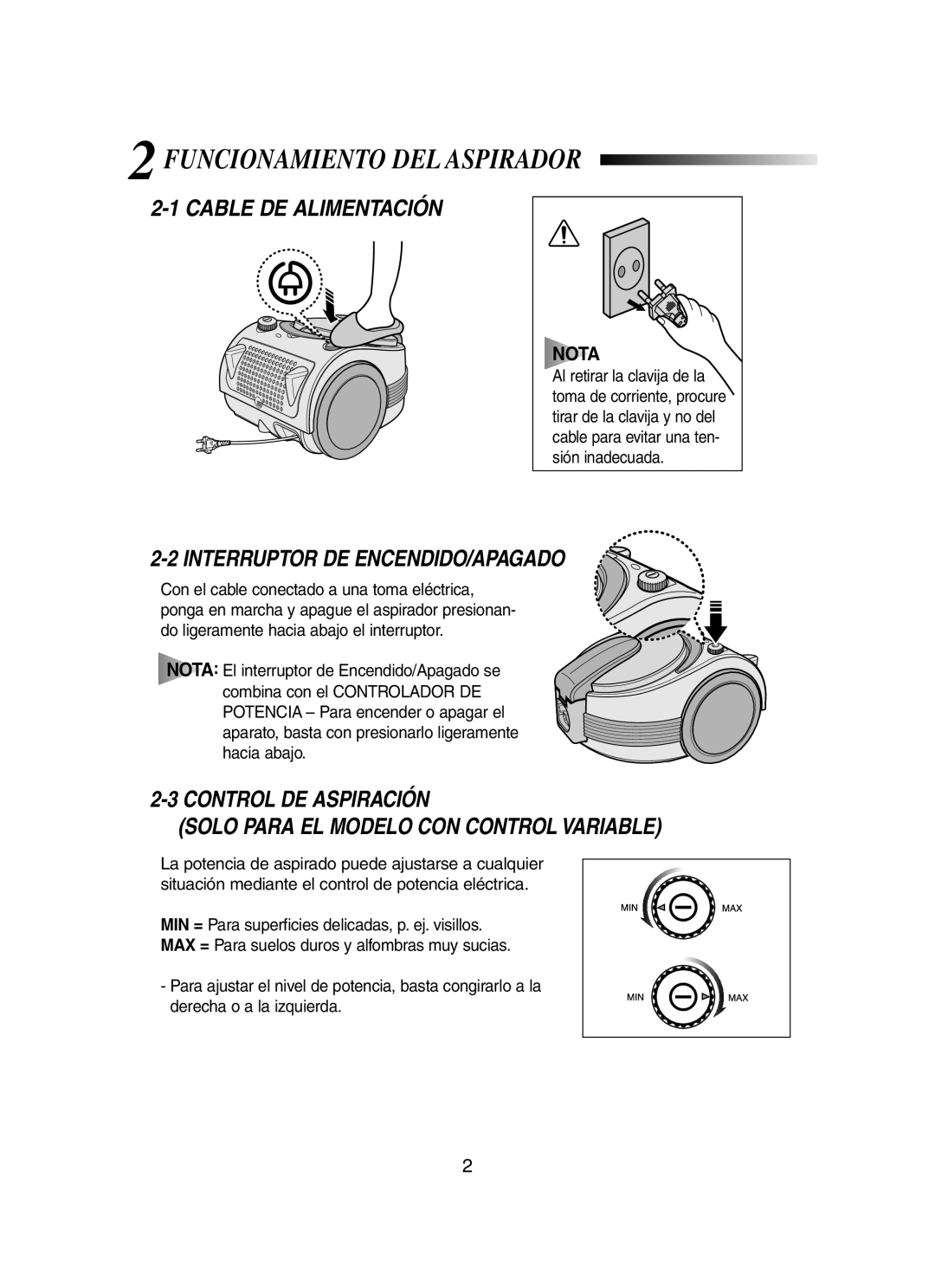 Samsung VCC7003V3G/XEC manual Funcionamiento DEL Aspirador, Cable DE Alimentación, Interruptor DE ENCENDIDO/APAGADO, Nota 