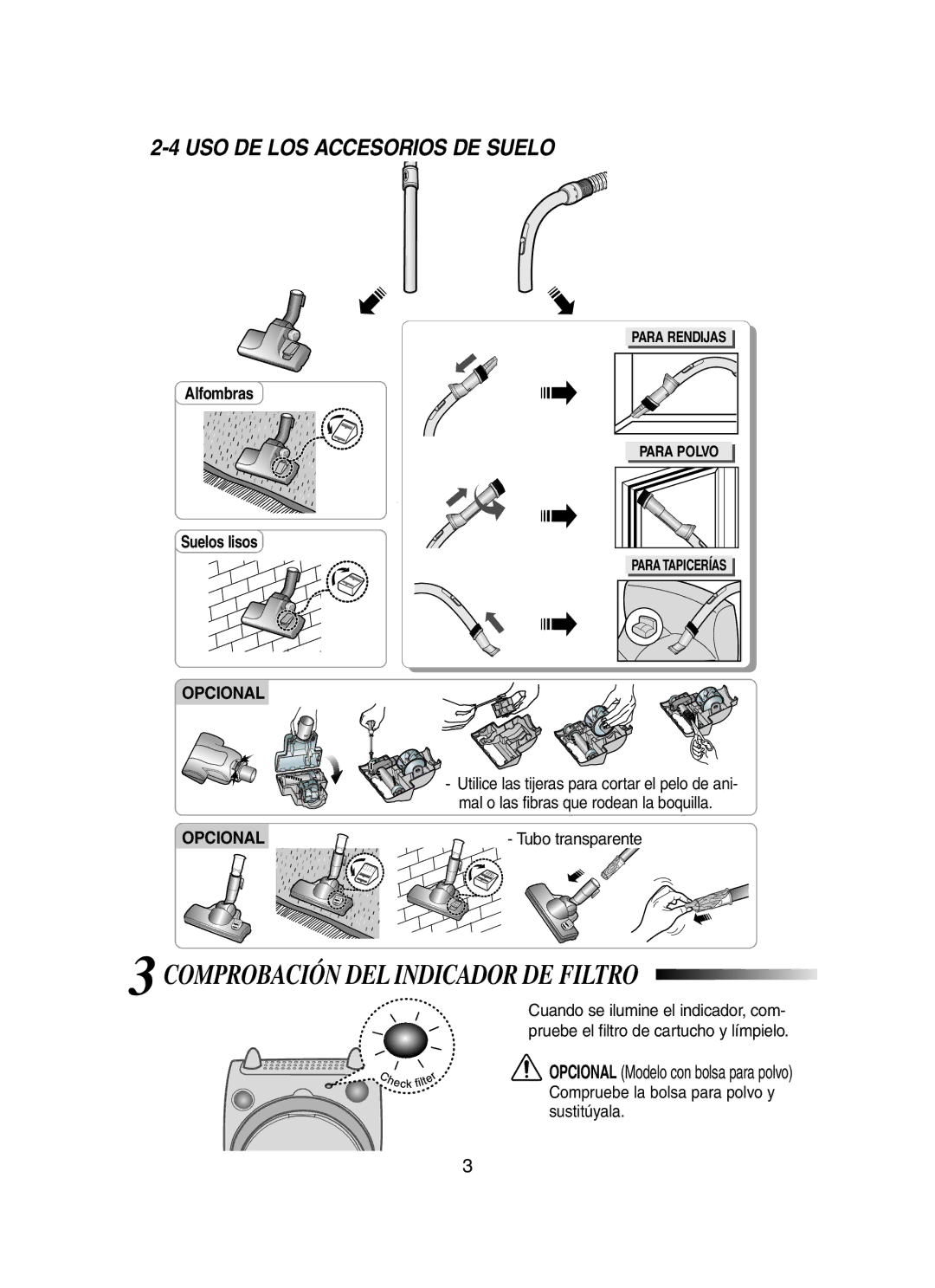 Samsung VCC7003V3G/XEC manual Comprobación DEL Indicador DE Filtro, USO DE LOS Accesorios DE Suelo 