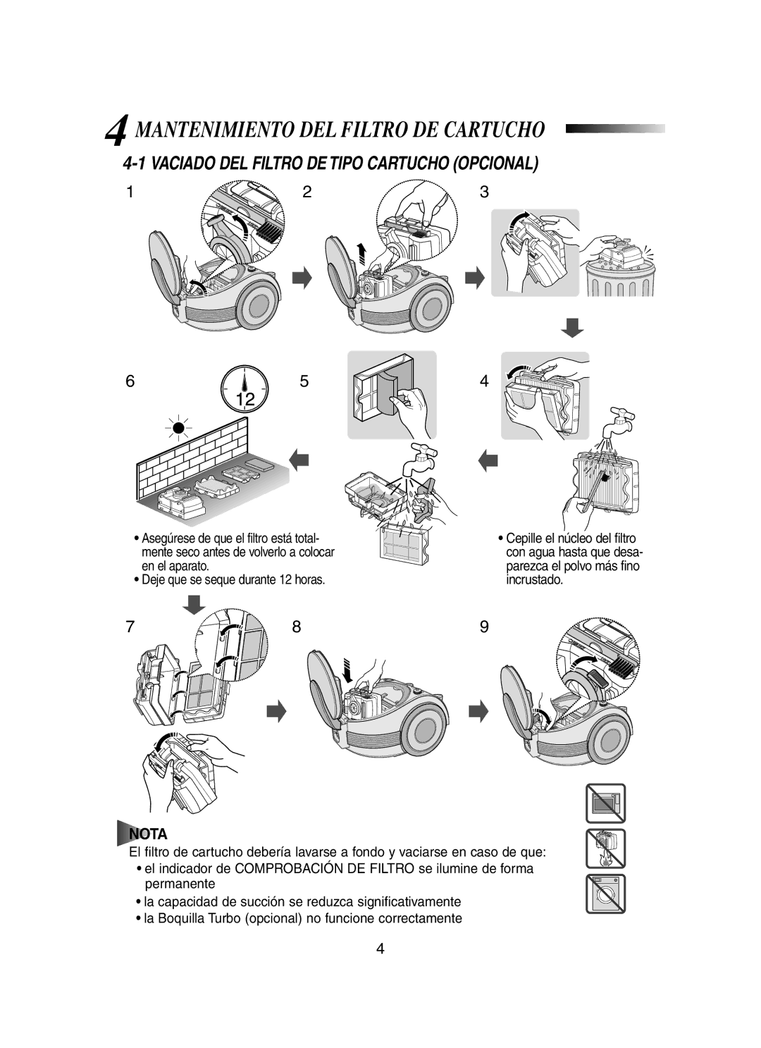 Samsung VCC7003V3G/XEC manual Mantenimiento DEL Filtro DE Cartucho, Vaciado DEL Filtro DE Tipo Cartucho Opcional 