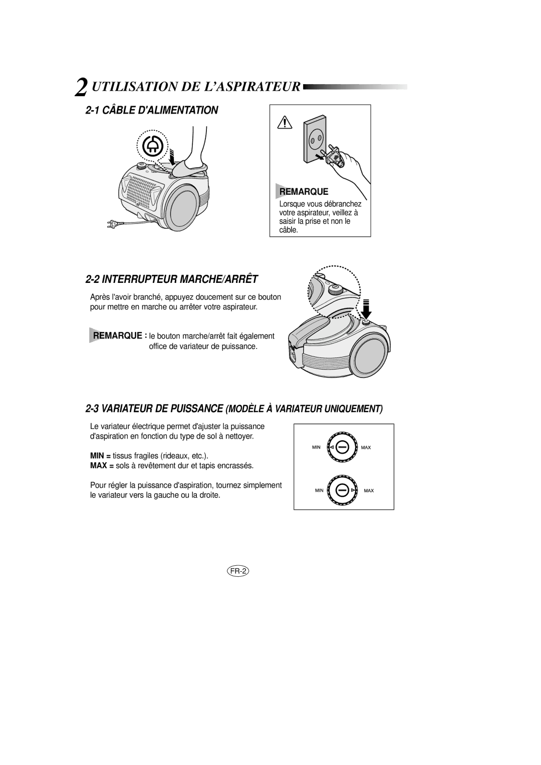 Samsung VCC7020V3B/XEG manual Utilisation DE L’ASPIRATEUR, Câble Dalimentation, Interrupteur MARCHE/ARRÊT 