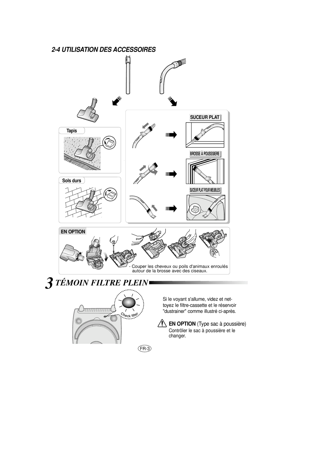 Samsung VCC7020V3B/XEG manual Témoin Filtre Plein, Utilisation DES Accessoires, Suceur Plat, Brosse À Pousssiere 