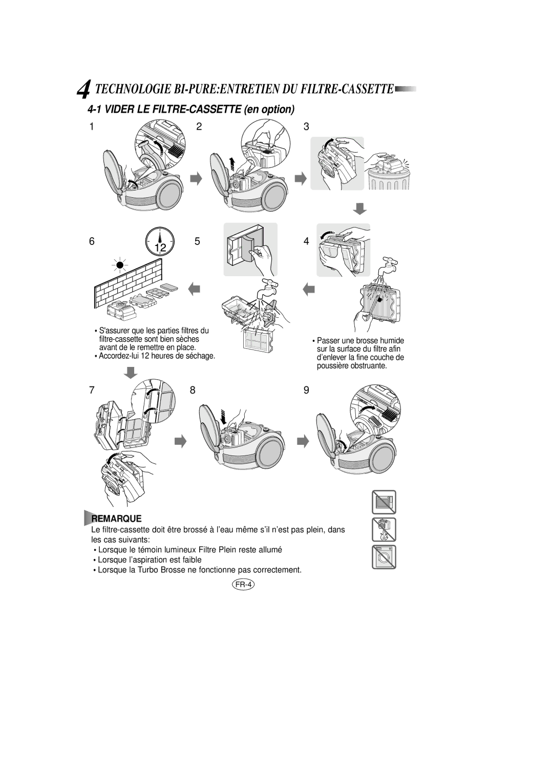 Samsung VCC7020V3B/XEG manual Vider LE FILTRE-CASSETTE en option, Accordez-lui 12 heures de séchage 