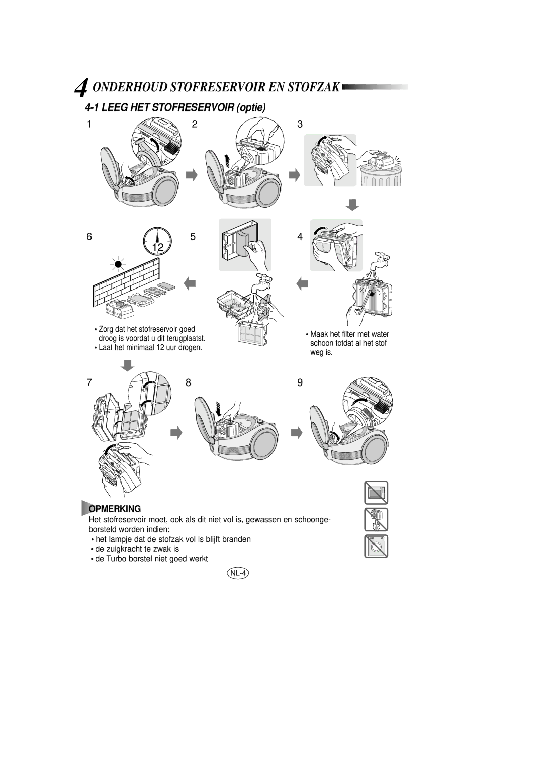 Samsung VCC7020V3B/XEG manual Leeg HET Stofreservoir optie, Opmerking 