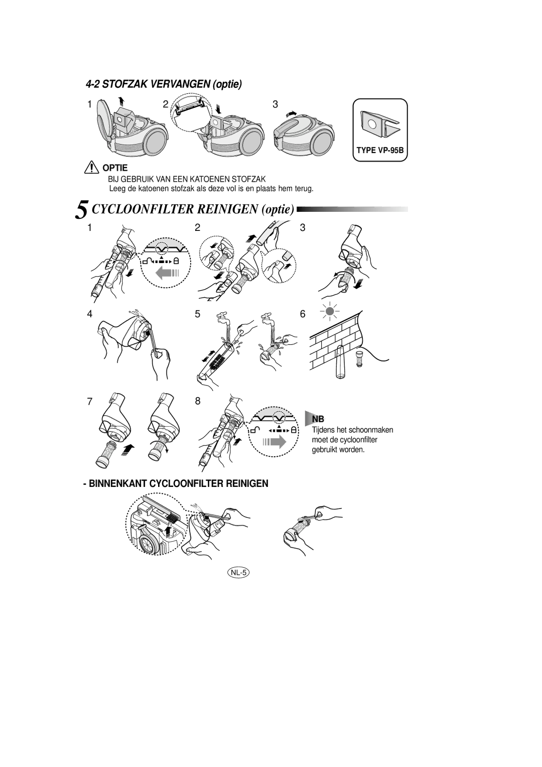 Samsung VCC7020V3B/XEG manual Cycloonfilter Reinigen optie, Stofzak Vervangen optie, Type VP-95B 