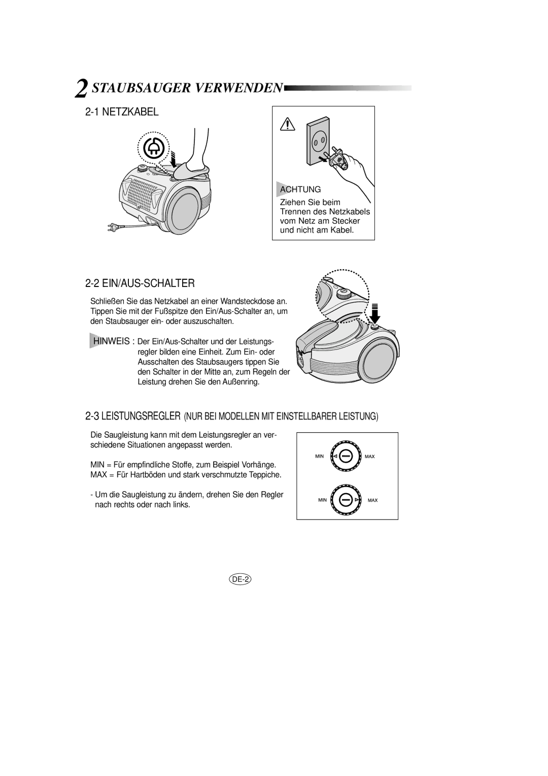 Samsung VCC7020V3B/XEG manual Staubsauger Verwenden, Netzkabel, Ein/Aus-Schalter 