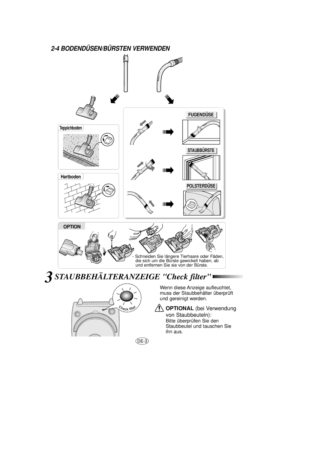 Samsung VCC7020V3B/XEG manual Staubbehälteranzeige Check filter, BODENDÜSEN/BÜRSTEN Verwenden, Fugendüse, Staubbürste 