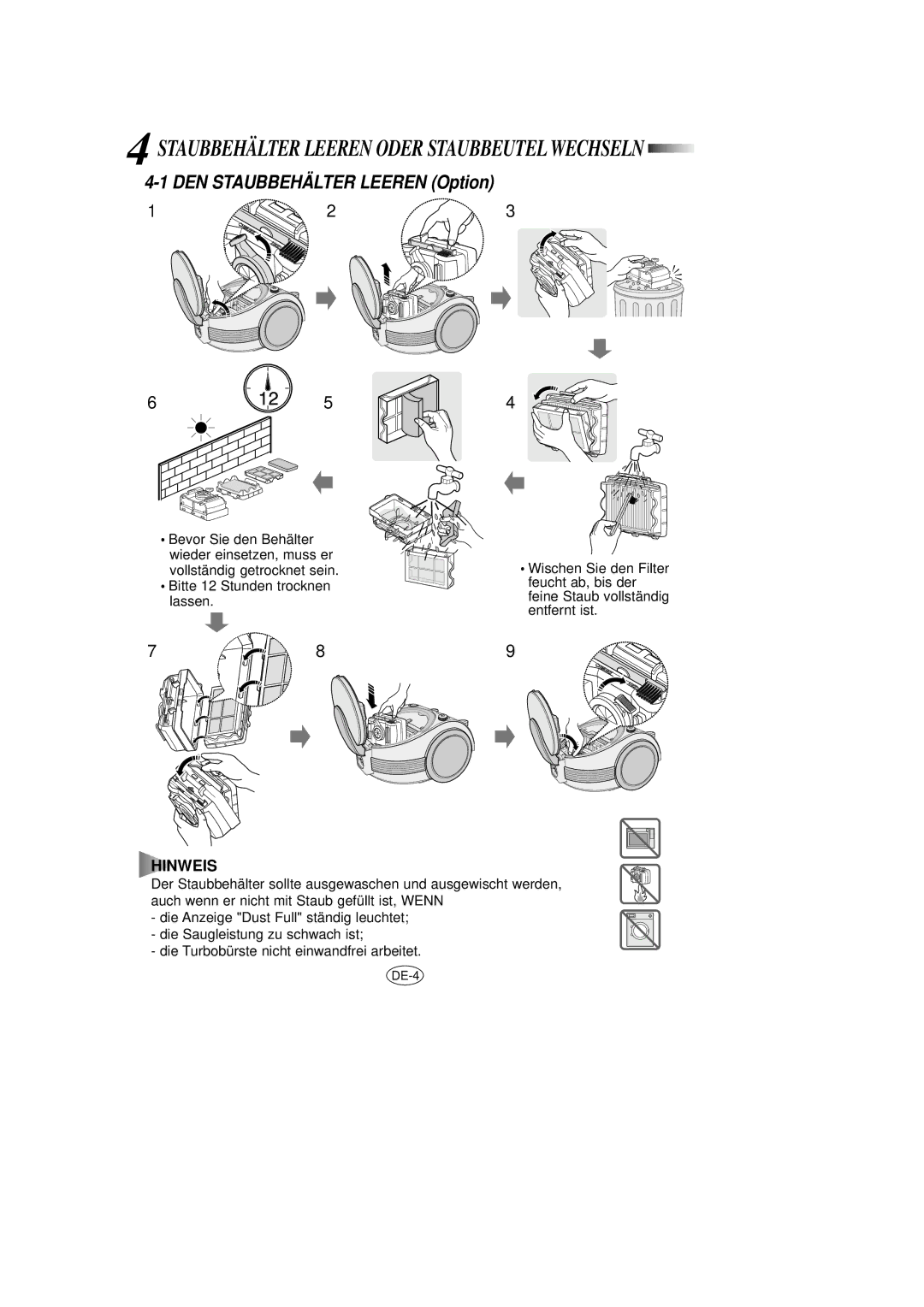 Samsung VCC7020V3B/XEG manual DEN Staubbehälter Leeren Option, Hinweis 