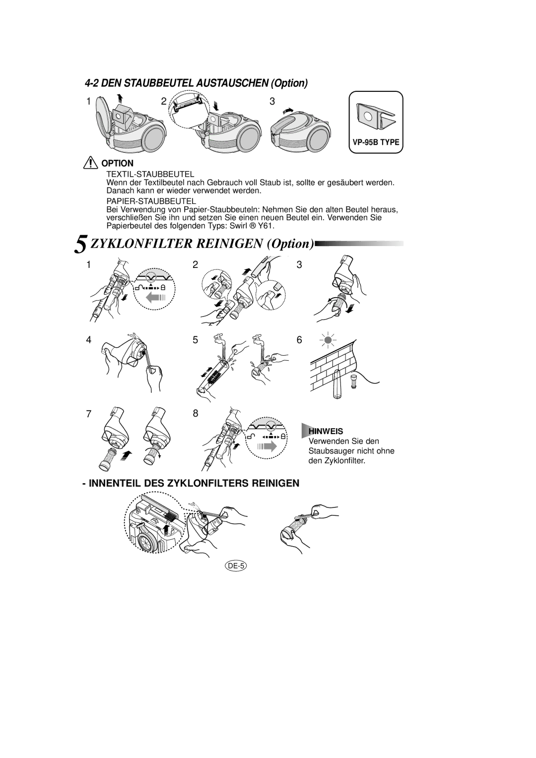 Samsung VCC7020V3B/XEG manual Zyklonfilter Reinigen Option, DEN Staubbeutel Austauschen Option, VP-95B Type, Hinweis 