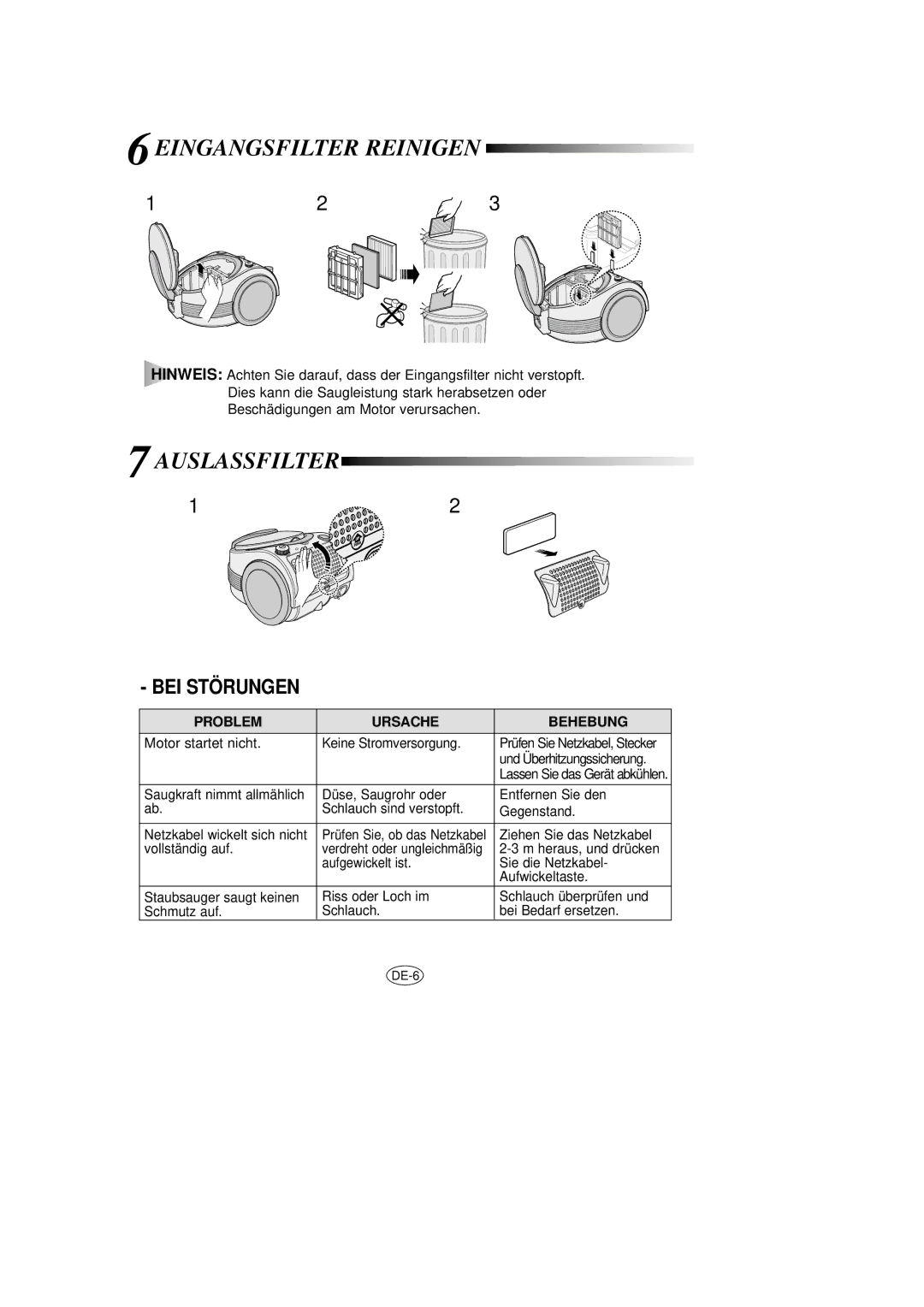 Samsung VCC7020V3B/XEG manual Eingangsfilter Reinigen, Auslassfilter, Problem Ursache Behebung 