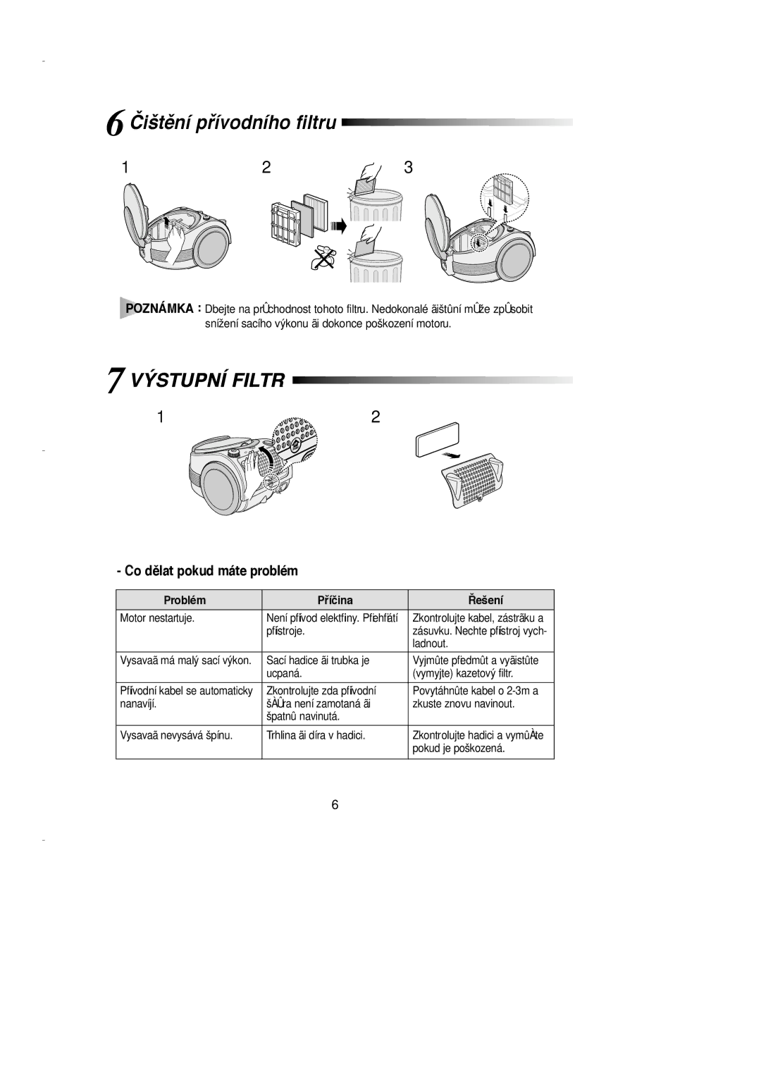 Samsung VCC7030V3S/LIB, VCC7030V3S/XEH manual Čištûní pﬁívodního filtru, Výstupní Filtr, Problém Pﬁíčina ¤ešení 