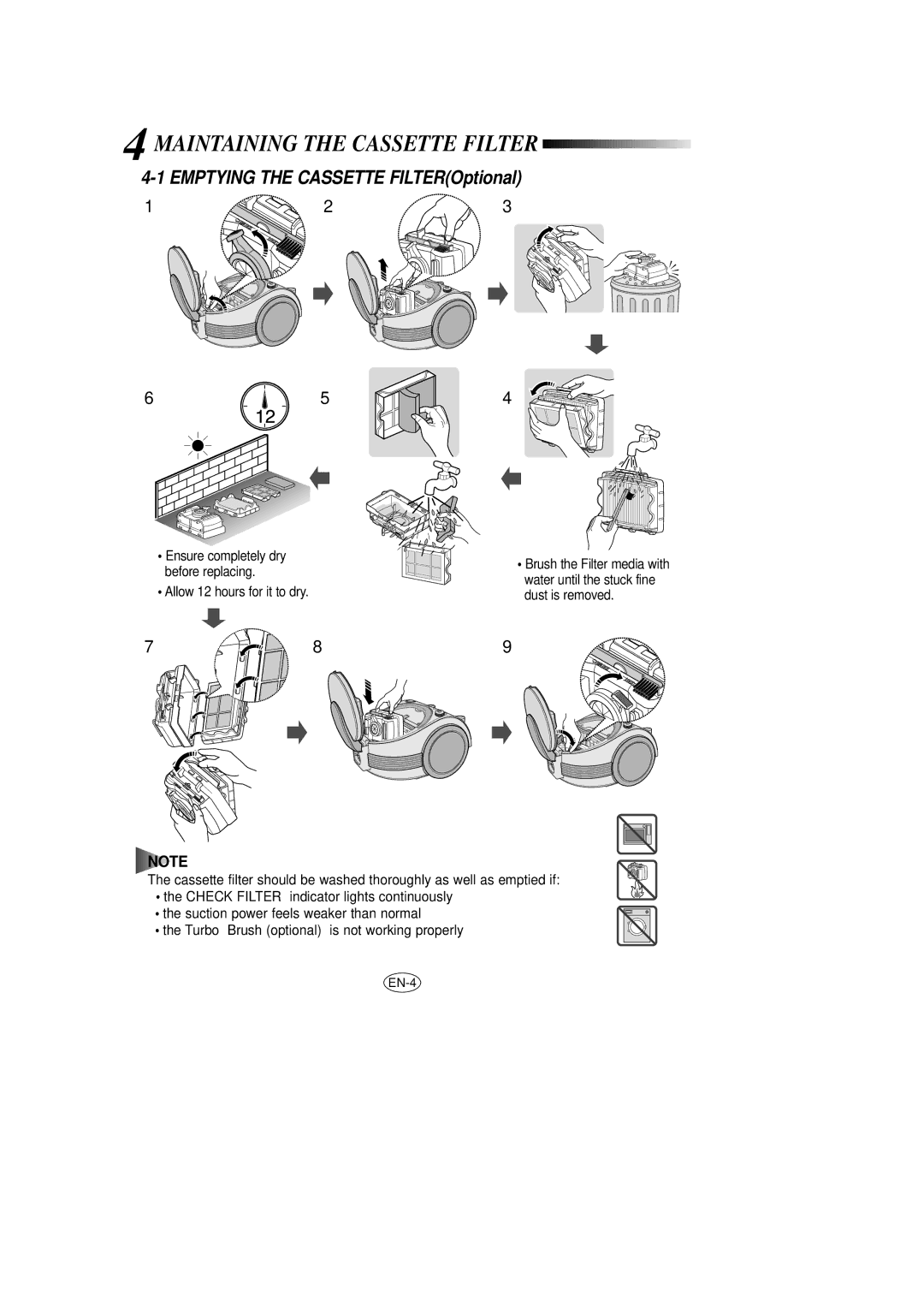 Samsung VCC7030V2S/FES, VCC7030V4S/XEU, VCC7030V3S/BOL, VCC7023V3S/SBW, VCC7023V3S/BOL Emptying the Cassette FILTEROptional 