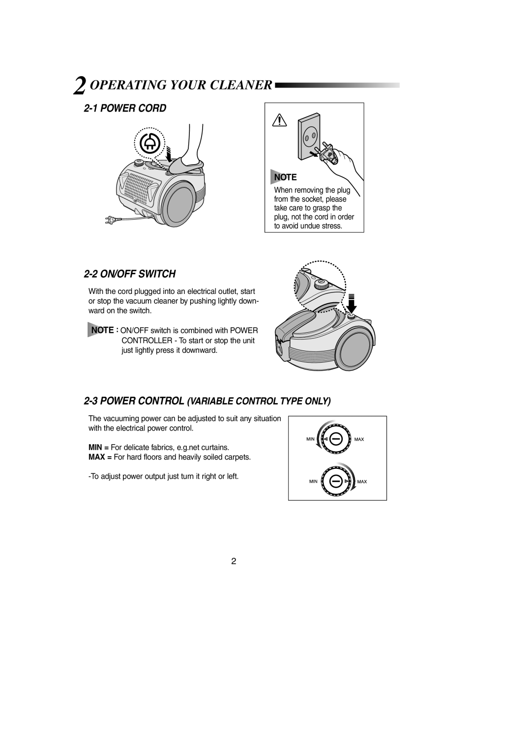 Samsung VCC7030V4S/SMA, VCC7030V4S/XEU, VCC7030V3S/BOL, VCC7025V3S/XEV Operating Your Cleaner, Power Cord, ON/OFF Switch 