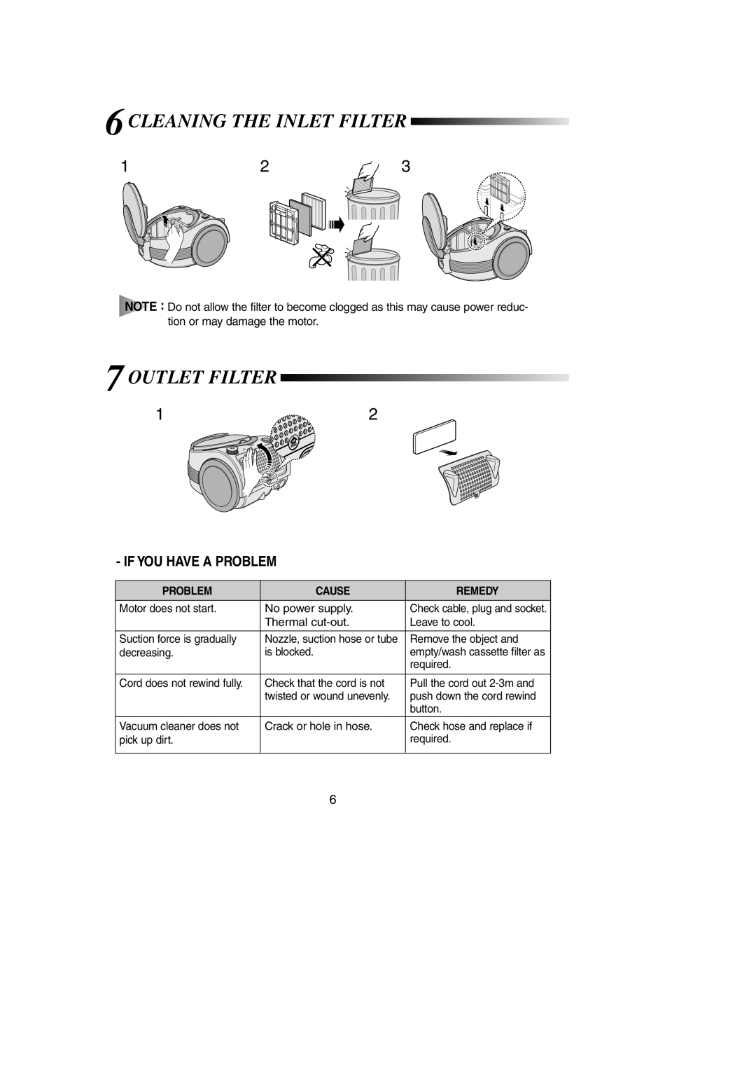 Samsung VCC7023V3S/STV, VCC7030V4S/XEU, VCC7030V3S/BOL manual Cleaning the Inlet Filter Outlet Filter, If YOU have a Problem 