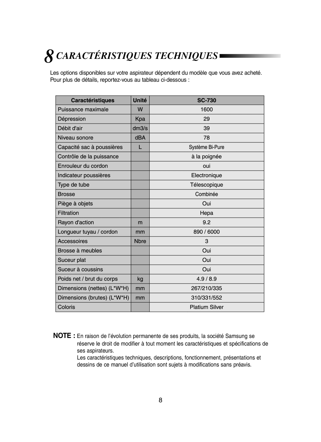 Samsung VCC7031V3S/XEF manual Caractéristiques Techniques 