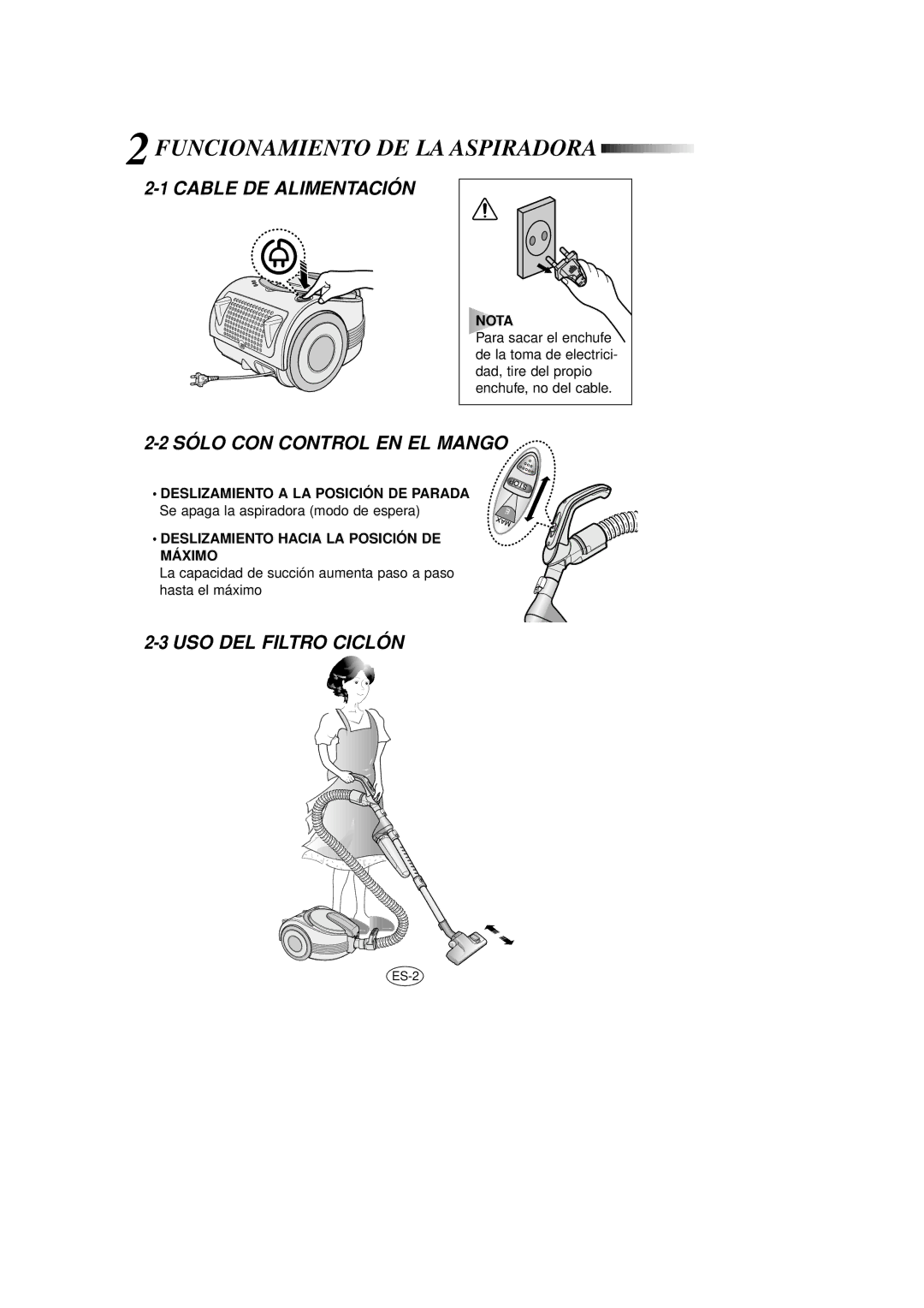 Samsung VCC7053H1S/XAP manual Funcionamiento DE LA Aspiradora, Cable DE Alimentación 