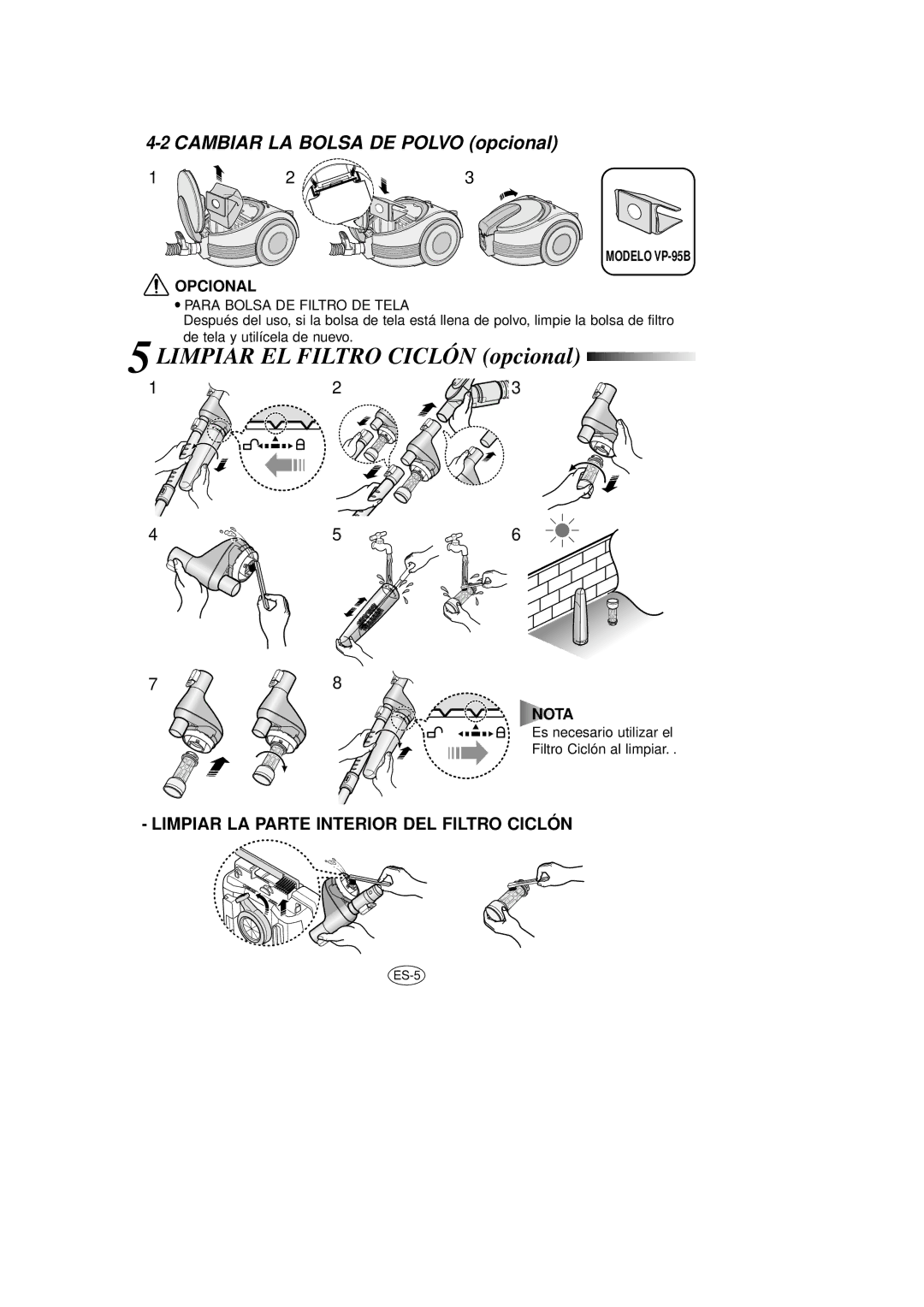 Samsung VCC7053H1S/XAP manual Limpiar EL Filtro Ciclón opcional, Cambiar LA Bolsa DE Polvo opcional 